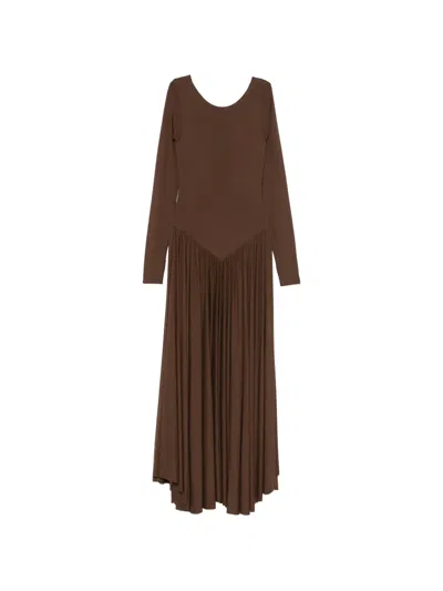 Pnk Long-sleeve Pleated Maxi Dress In Brown
