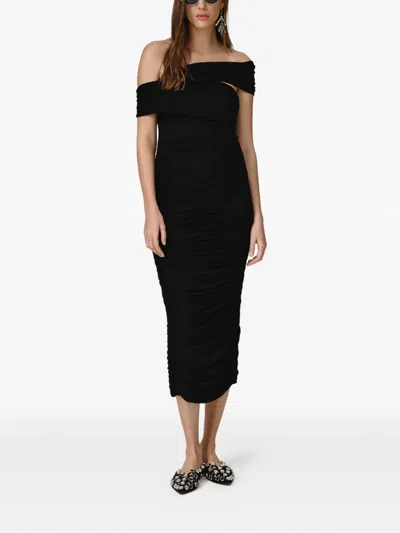 Pnk Off-shoulder Gathered Midi Dress In Black