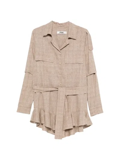 Pnk Plaid-pattern Belted Dress In Neutral