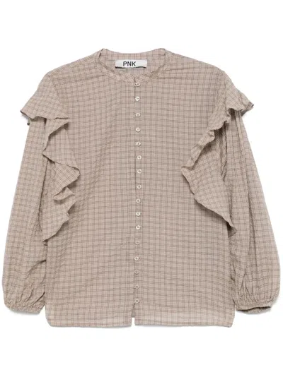 Pnk Ruffle-detail Checkered Shirt In 褐色