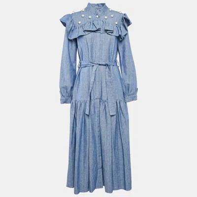 Pre-owned Poca & Poca Blue Canvas Ruffled Bead Detail Maxi Dress M