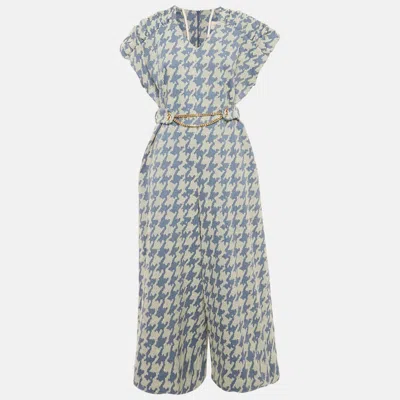 Pre-owned Poca & Poca Blue Houndstooth Belted Wide Leg Jumpsuit M