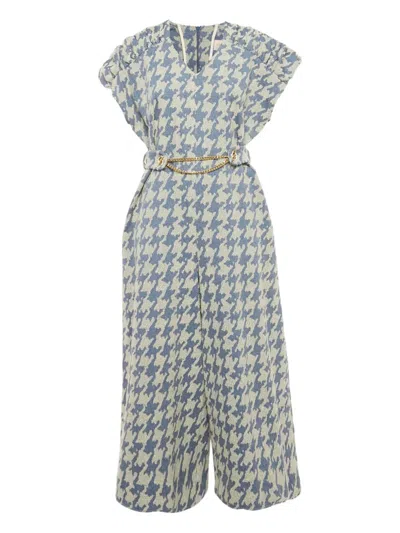 Pre-owned Poca & Poca Houndstooth Belted Jumpsuit In Blue
