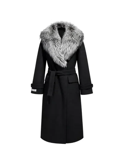 Poche Paris Faux-fur Collar Belted Coat In Black
