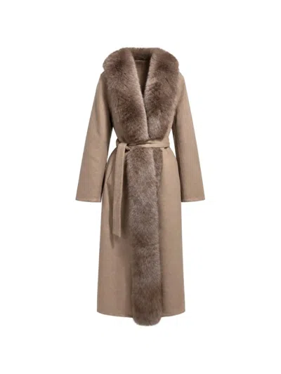 Poche Paris Faux-fur Trim Belted Coat In Brown