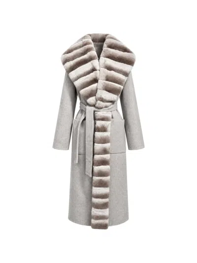 Poche Paris Fur-trim Belted Coat In Gray