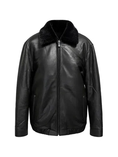Poche Paris Shearling-collar Leather Jacket In Schwarz