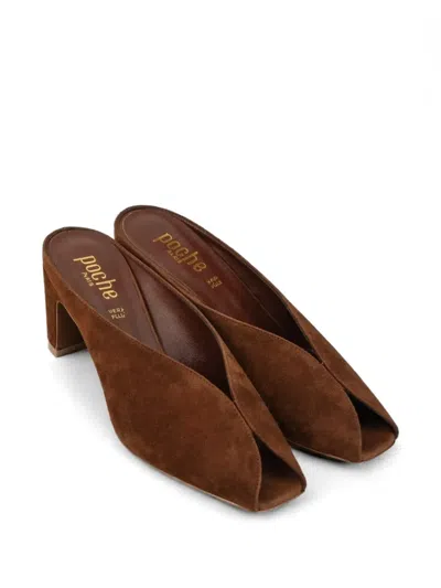 Poche Paris Suede Peep-toe Sandals In Brown