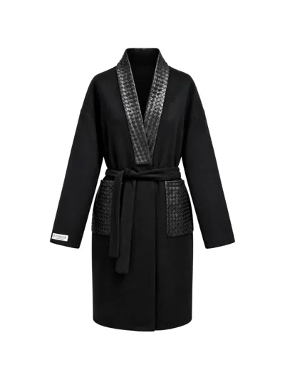 Poche Paris Woven-trim Belted Coat In Black