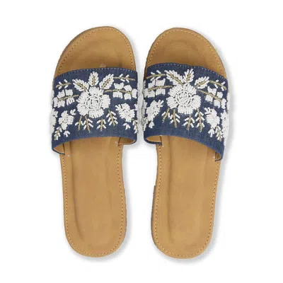 Pode Women's Denim Blue Handmade Floral Resort Slides – Waterproof Sole Sandals