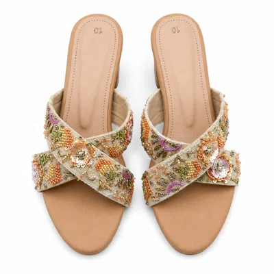 Pode Women's Neutrals Sundowner Embellished Block Heel Sandals – Handcrafted Beaded Resort Heels