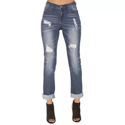 Poetic Justice Chanelle Womens Mid Rise Ripped Stretch Fabric Curvy Fit Slim Fit Boyfriend Jean In Blue