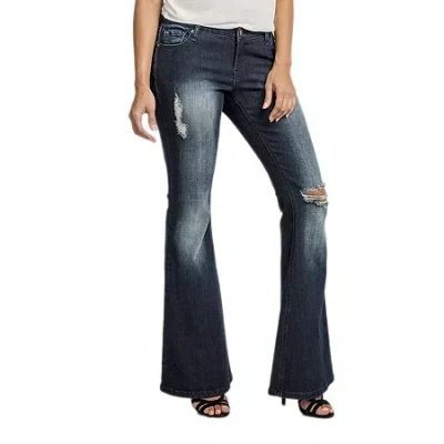 Poetic Justice Womens Mid Rise Ripped Stretch Fabric Curvy Fit Flare Leg Jean In Blue