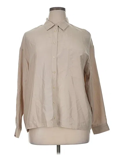 Pre-owned Poetry Long Sleeve Silk Top Tan Solid Pattern Collared Neckline Tops In Brown
