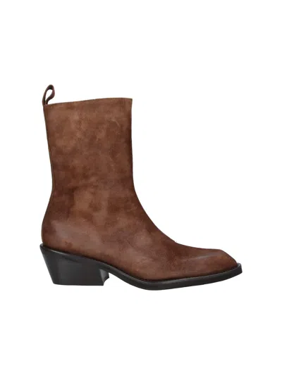 Poeve Suede Western Ankle Boots In Brown