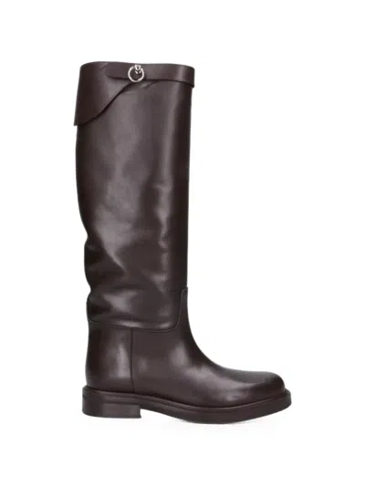 Poeve Leather Boots With Decorative Strap In Brown