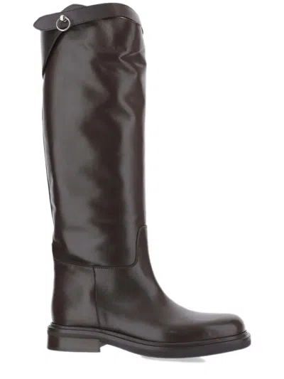 Poeve Women's High Calfskin Boots With Metal Detail And Rubber Sole In Marrone