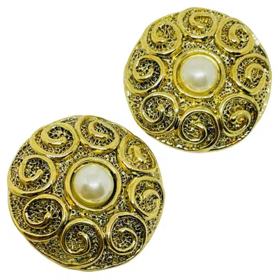 Pre-owned Poggi Paris Signed Vintage Gold Tone Faux Pearls Designer Clip On Earrings In Multi