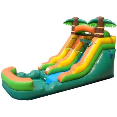 Pogo Bounce House 9' X 21' Inflatable Slide With Water Slide And Air Blower In Classic Tropical