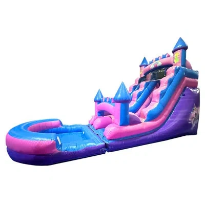 Pogo Bounce House 9' X 25.5' Inflatable Slide With Water Slide And Air Blower In Pink Unicorn
