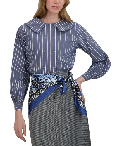 Point Double Breasted Button Up Blouse In Blue