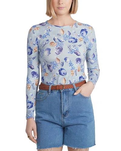 Point Embroidered Bird Print Top In Blue