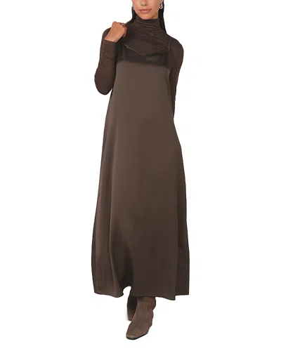 Point Satin A Line Maxi Slip Dress In Brown