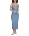 Point Satin Straight Slip Dress In Dusty Blue