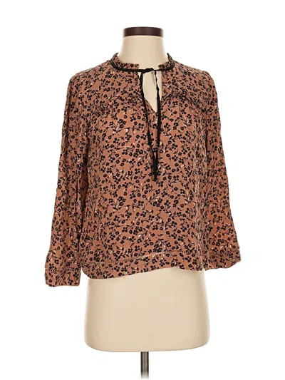 Pre-owned Point Sur 3/4 Sleeve Silk Top Brown Animal Print Pattern Keyhole Neckline Tops