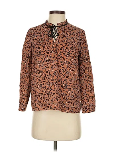 Pre-owned Point Sur Long Sleeve Silk Top Brown Animal Print Pattern Tie Neck Tops