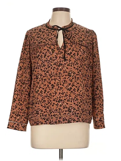 Pre-owned Point Sur Long Sleeve Silk Top Brown Animal Print Pattern Tie Neck Tops