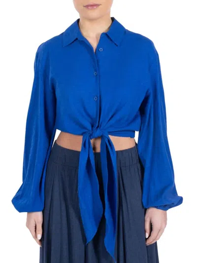 Point Women's Linen Blend Cropped Shirt In Royal Blue
