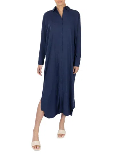 Point Women's Linen Blend Maxi Shirt Dress In Midnight