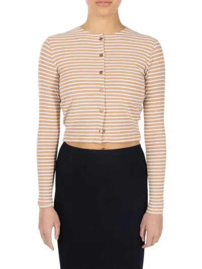Point Women's Stripe Crop Button Cardigan In Tan Stripe