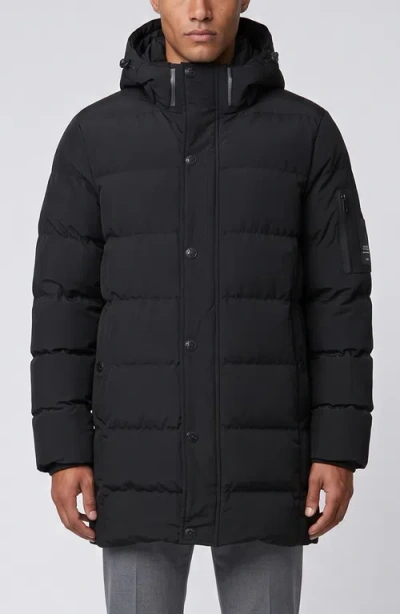 Point Zero Long Hooded Puffer With Sleeve Pocket In Black