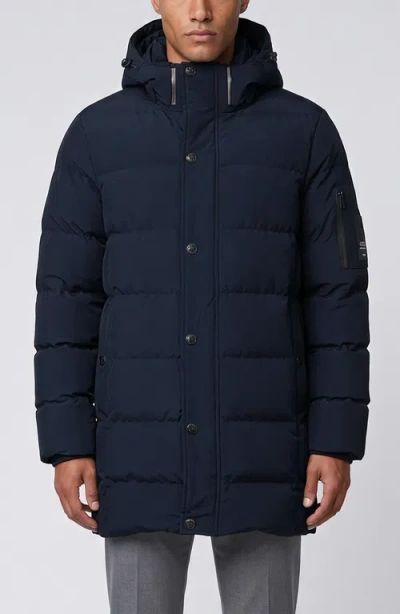 Point Zero Long Hooded Puffer With Sleeve Pocket In Blue