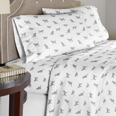 Pointehaven 180 Gsm 100% Soft Cotton Super Heavy Weight Flannel Printed Oversized Duvet Set In White,gray Cats