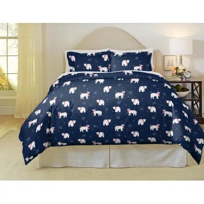 Pointehaven 180 Gsm Cotton Flannel Snow Bear Duvet Set In White,blue