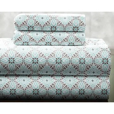 Pointehaven Ankara Geometric 100% Cotton Flannel Sheet Set In Blue;black;beige
