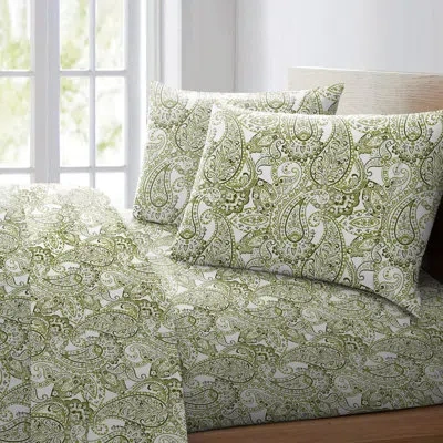Pointehaven Combed Cotton Percale Bed Sheet Set - Soft Cotton - Crisp Feel - Breathable - Fits Extra Deep Pocket In Boho Paisley Green
