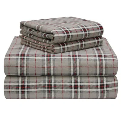 Pointehaven Plaid 100% Cotton Flannel Sheet Set In Gray,red Derby