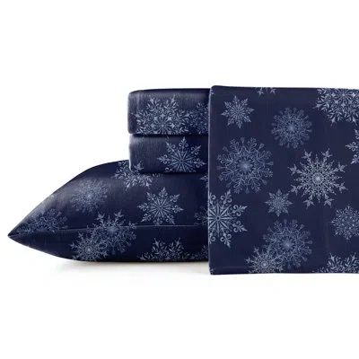 Pointehaven Snow Flakes 100% Cotton Flannel Sheet Set In Snow Flakes Navy