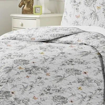 Pointehaven Water Petals Percale 3 Pc Quilt Set In Grey Pollen Floral