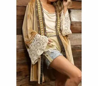 Pol Ace Crochet Flared Sleeve Trimmed Velvet Cardigan In Gold