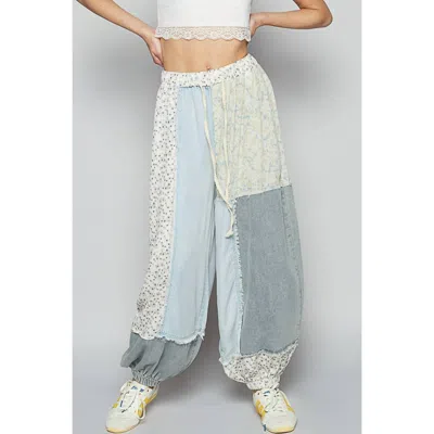 Pol Adjustable Denim Floral Patchwork Joggers In Blue