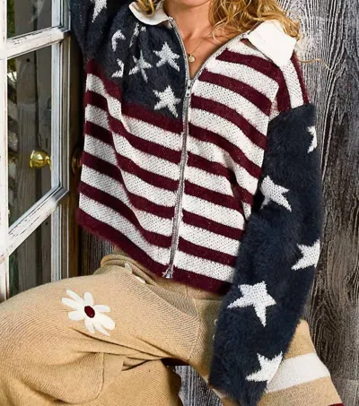 Pol American Flag Mohair Sweater Jacket In Burgundy/navy In Multi