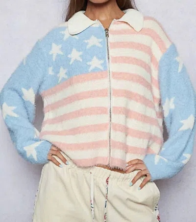 Pol American Flag Mohair Sweater Jacket In Pink/baby Blue