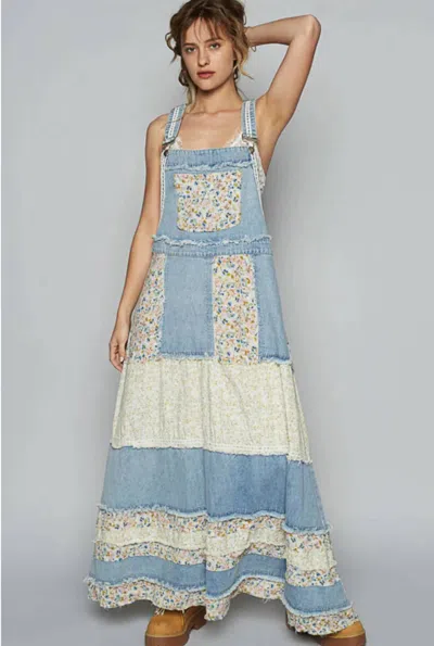 Pol Annie Patchwork Overall Maxi Dress In Blue/ White
