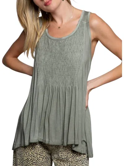 Pol Babydoll With Smocked Details Top In Sage Green In Animal Print