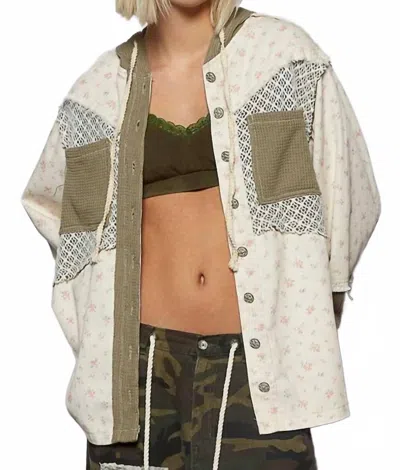 Pol Balloon Sleeve Frayed Edge Detail Hoodie Jacket In Cream/olive In Multi